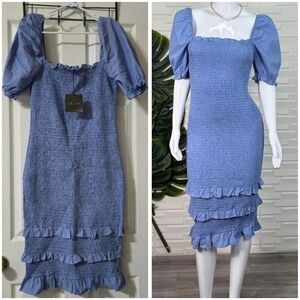 NWT Le Lis Puff Shoulder Stretchy Smocked Bodycon Midi Cotton Sundress w/Ruffles